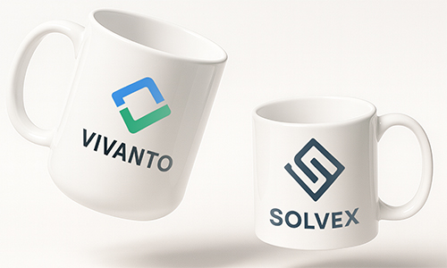 Two branded mugs: one with Vivanto logo in blue-green, one with Solvex logo in dark blue
