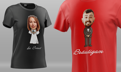 Two wedding-themed t-shirts - cartoon bride with “die Braut” and groom with “Bräutigam” in bold text.