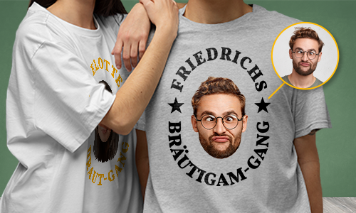 Two people wearing custom wedding t-shirts - “FLOTTI KAROTTIS BRAUT-GANG” and “FRIEDRICHS BRÄUTIGAM-GANG” with playful portraits.