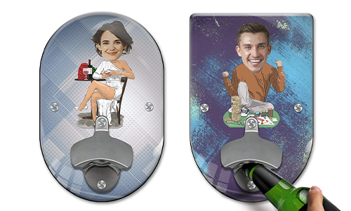 Personalisierter Wandflaschenöffner mit Wunsch-Hobby bzw. -Beruf im Comic-Stil