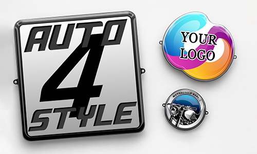 Three badges - AUTO 4 STYLE metallic square, YOUR LOGO swirl circle, and MOTORCYCLE SERIES engine emblem.