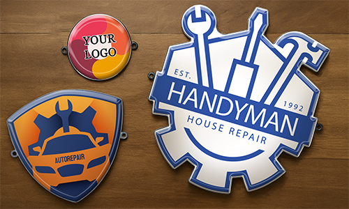 Three logo badges - customizable “YOUR LOGO” circle, AUTOREPAIR shield, and HANDYMAN gear emblem with tools.