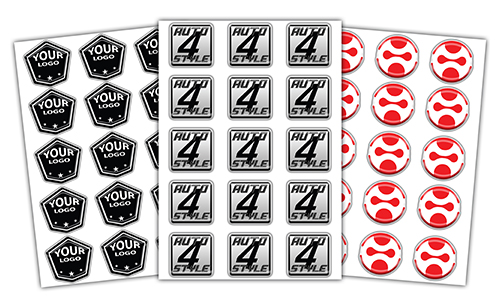 Three sticker sheets with personalized branding — pentagon, square, and circular designs for logos and style.