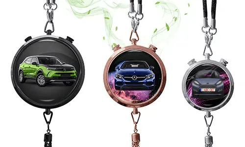 Three pendant-style frames with car images: black with green SUV, rose gold with blue Mercedes, silver with white car