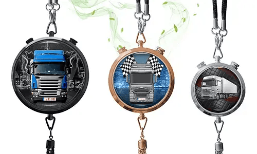 Three pendant necklaces with truck designs: blue truck with cityscape, silver truck with racing theme, white truck in tunnel