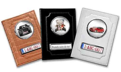 Standard car document holder with car/photo and license plate for your sister