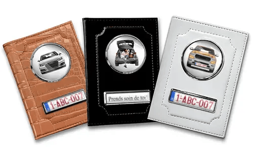 Standard car document holder with car/photo and license plate for yourself
