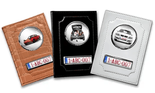 Standard car document holder with car/photo and license plate for your wife