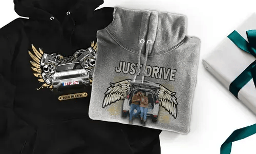Hoodie with car motif for husband