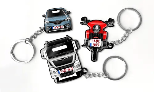 Nøgleringe formet som en bil, motorcykel og lastbil, designet som biltilbehør med tilpasningsmuligheder