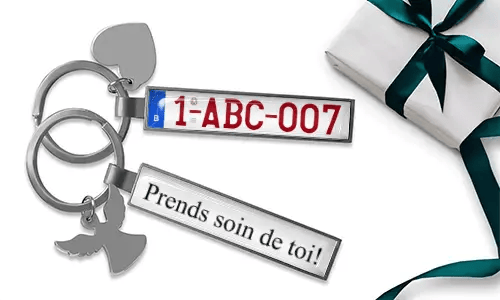 Personalized license plate keychain for son with heart charm and wing pendant