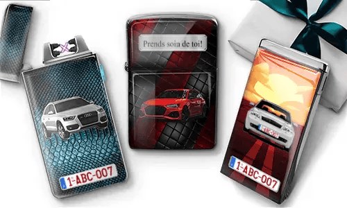Three personalized car-themed lighters with Audi, sports car and Mercedes designs