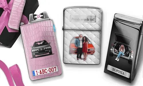 Two personalized lighters with family photos and custom car designs