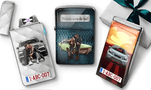 Custom cigarette cases with personalized images and license plates. Features couples with cars, a gift box, and a sign reading 