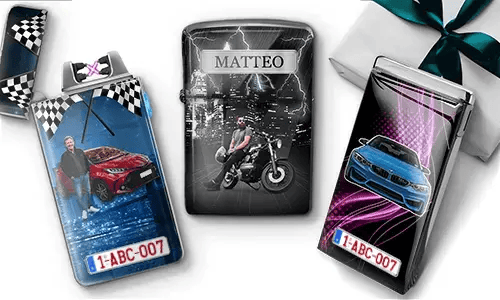 Three personalized lighters with custom car and motorcycle photos, names, license plates, and automotive designs.