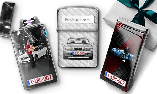 Three personalized lighters featuring different car-related designs. The center lighter reads 