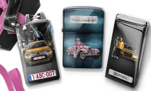 Three personalized stainless steel lighters featuring custom grandma photos, cars, and heartfelt messages