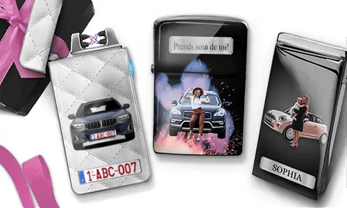 Three personalized stainless steel lighters featuring custom mother photos, cars, and “Beste Mama” messages.