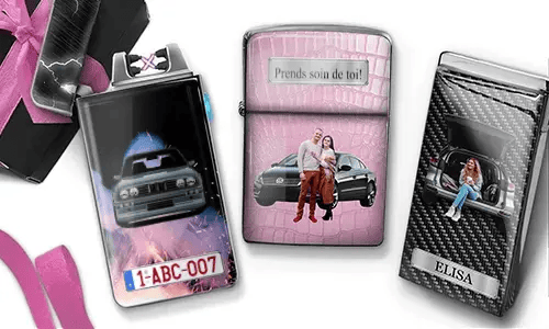 Three custom lighters with romantic car-themed designs: woman in trunk, couple in front of car, carbon-style car