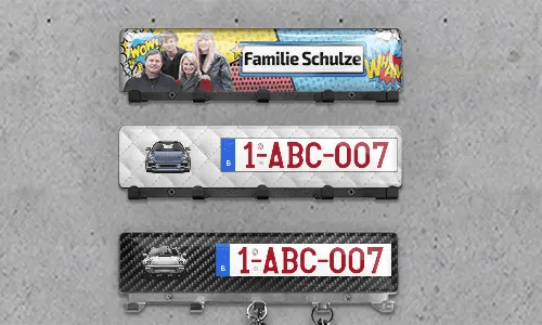 Porte-clés mural de luxe - Plaque d'immatriculation avec silhouettes de voiture - Chrome