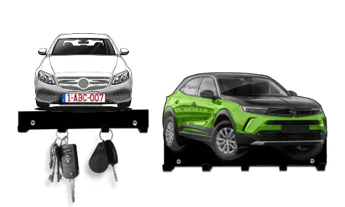 Two car-shaped key holders: red sedan and green-black SUV, both with hooks for hanging keys
