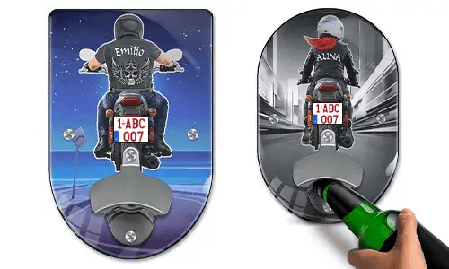 Väggmonterad kapsylöppnare med motorcykelmotiv och namn
