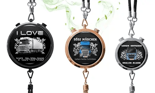 Three truck-themed pendants with chains: black with 