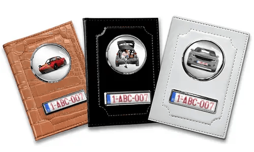 Personalized car documents holder for wife in black, white and brown leather