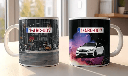 Two white mugs with car-themed prints: red BMW in urban setting, white Mercedes with sparks and colorful background
