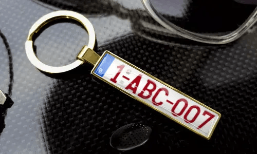 Llavero dorado de placa de matrícula muestra texto grabado en un marco de metal pulido