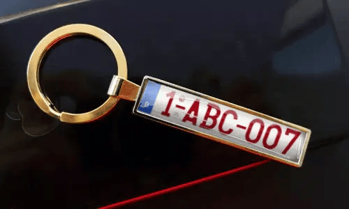 Personalized gold keychain features a custom license plate design