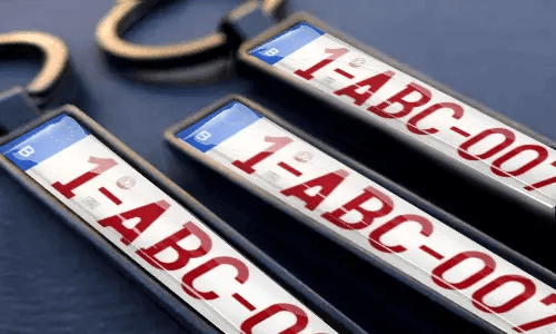 Personalisierte Kennzeichen-Schlüsselanhänger mit gravierten Zahlen und individuellem Text in Metallrahmen