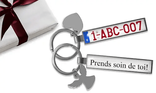 Gepersonaliseerde sleutelhangers met kentekenplaat, eigen nummers en metalen afwerking