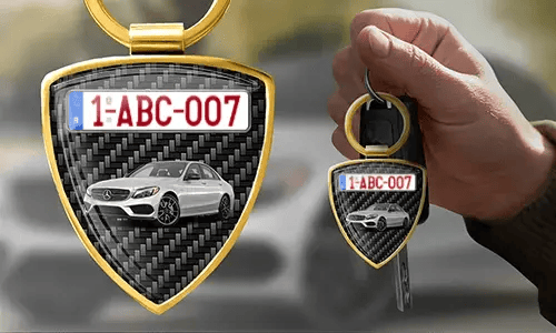 Shield photo keychain with custom car photo and license plate
