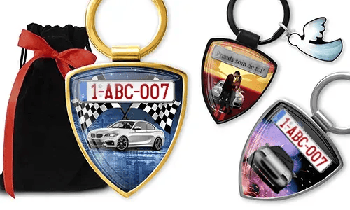 Shield photo keychains with personalized car designs