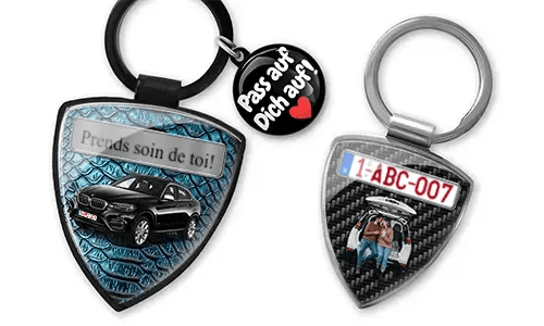 Shield photo keychain with custom car photo and license plate