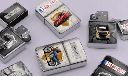 A variety of metal lighters lie on a soft purple surface, featuring personalized designs of cars, motorcycles, and trucks, each marked with different names.
