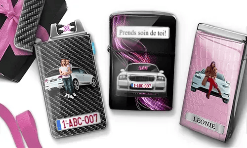 Three personalized stainless steel lighters with romantic car designs, custom photos, messages, and license plate details