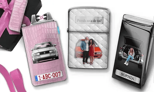 Two custom car-themed lighters featuring personalized family photos and unique designs