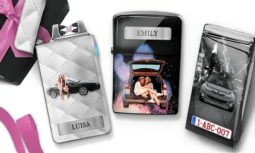 Three personalized lighters featuring car images and names 