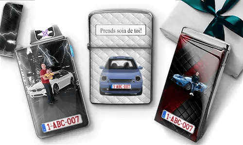 Three personalized car lighters with custom photos, license plates, and unique automotive designs.
