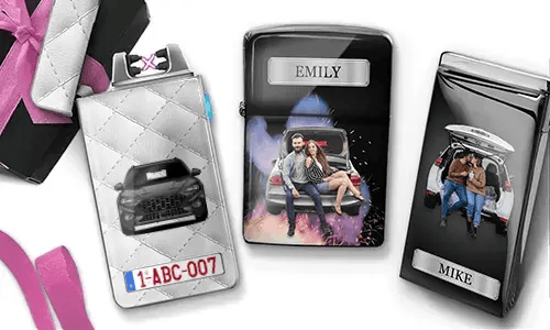 Three personalized cigarette cases are displayed. The first shows a car with a license plate. The second features a couple sitting on a car, labeled 