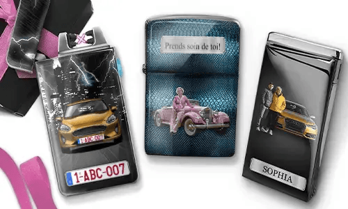 Three personalized lighters with custom grandma photos, cars, license plates, and loving messages