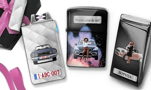 Three personalized lighters with custom mother photos, cars, license plate, and “Beste Mama” designs.