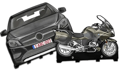 Cardboard cutouts of a black car and metallic motorcycle on stands, used for display or training