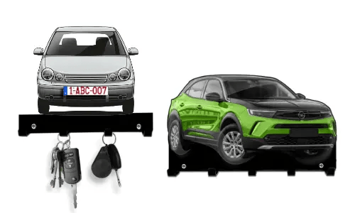 Two car-shaped key holders: red sedan and green-black SUV, both with hooks for hanging keys