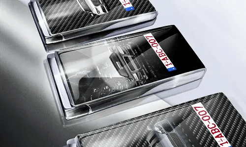 Three car-themed boxes with glossy finish: silver with car, black with cityscape and black car, red with car front