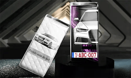 Two car-themed phone cases: white quilted with 