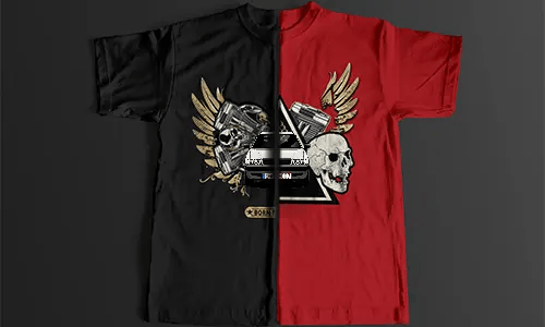 Split graphic with silver car, skulls, pistons, golden wings, and partial BORN T banner on black and red background