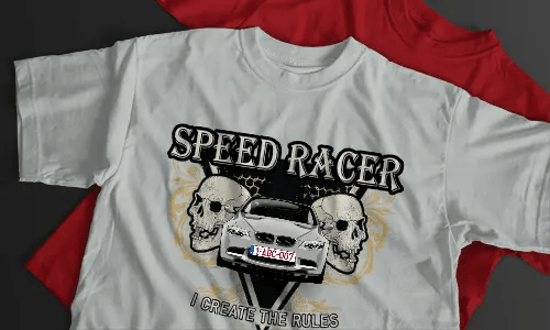 White T-shirt with SPEED RACER text, silver BMW graphic, two skulls, yellow ornaments, and black background